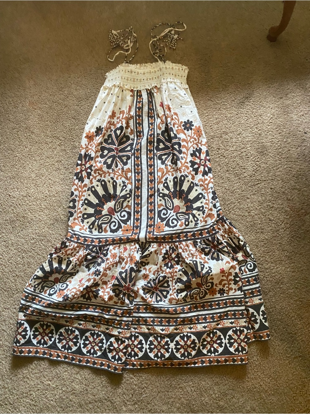 FARM Rio Flower Fan Tapestry Off-White Midi Dress Size L Excellent Condition